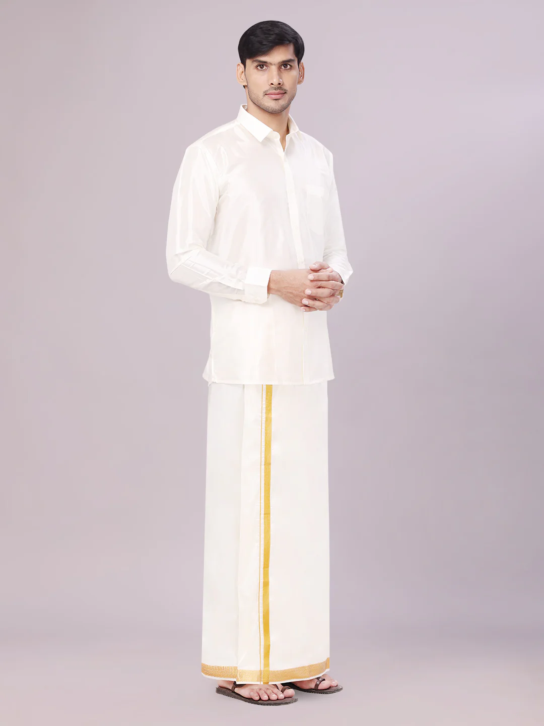 Mens Art Silk Wedding Cream Shirt, Dhoti, Nerial with Belt Combo - Boopalan Cream - Image 3