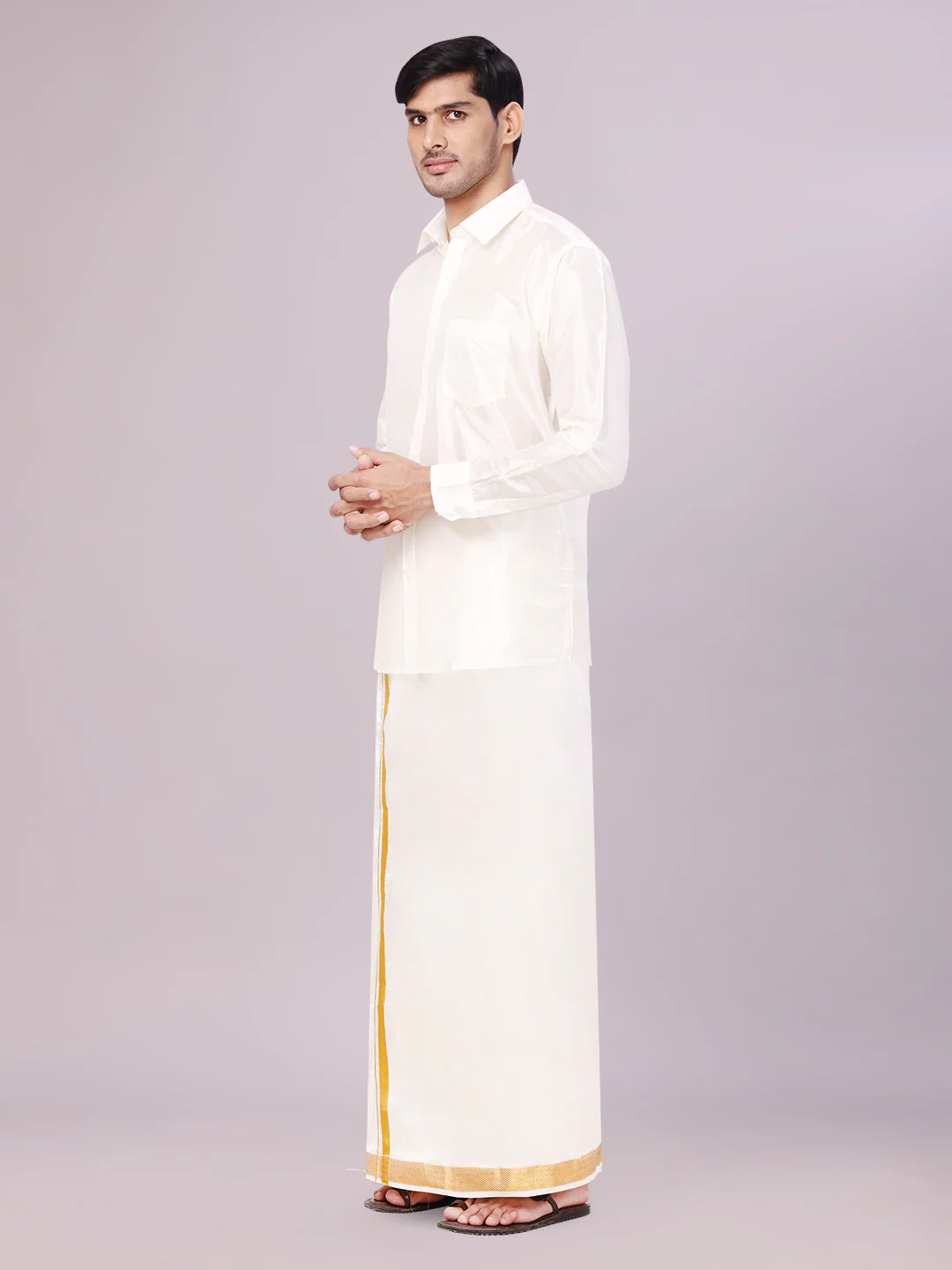 Mens Art Silk Wedding Cream Shirt, Dhoti, Nerial with Belt Combo - Boopalan Cream - Image 4