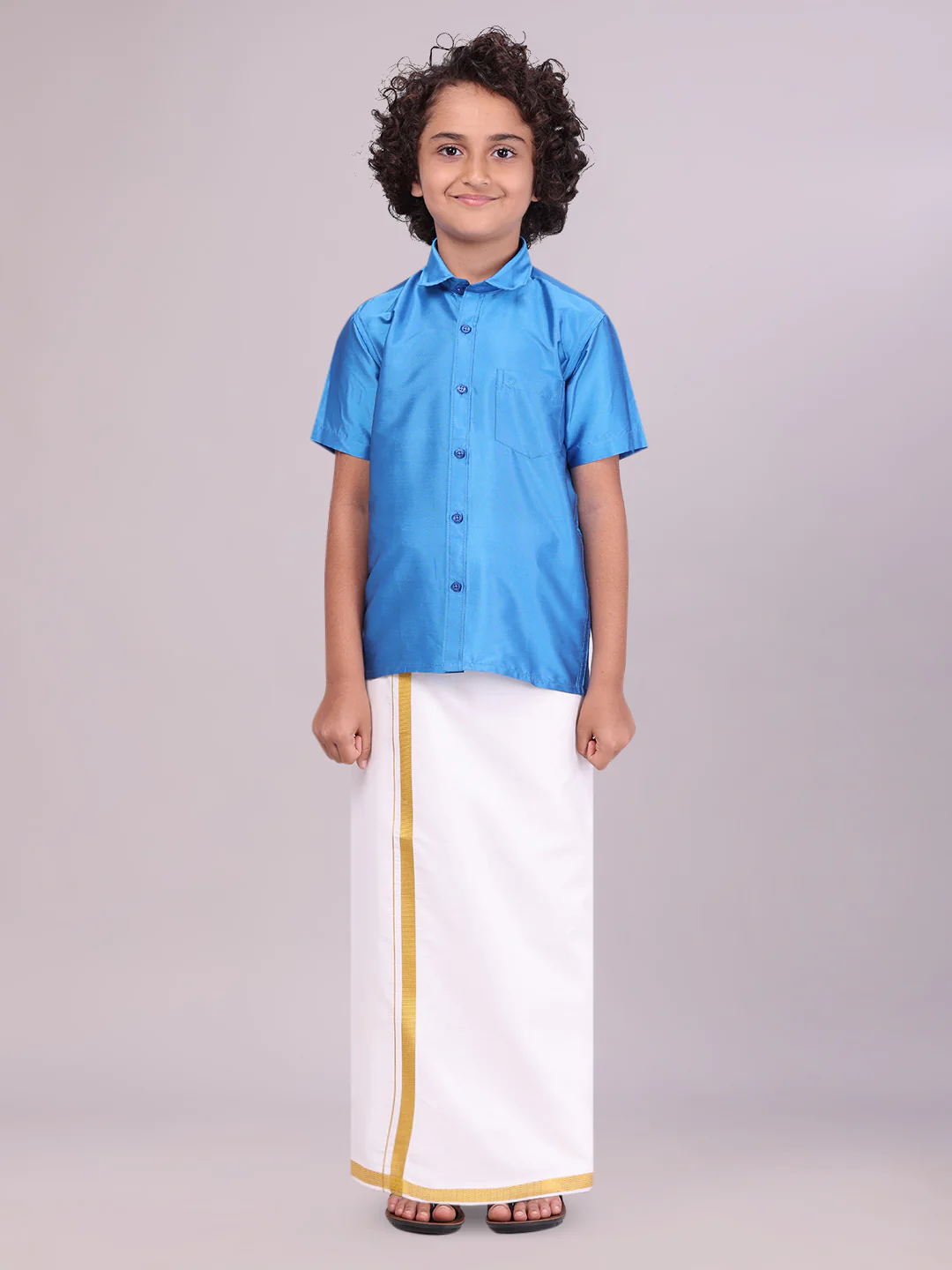 Boys Dupion Satin Sky Blue Half Sleeves Shirt with Gold Jari Flexi Dhoti Towel Combo Calm Boy