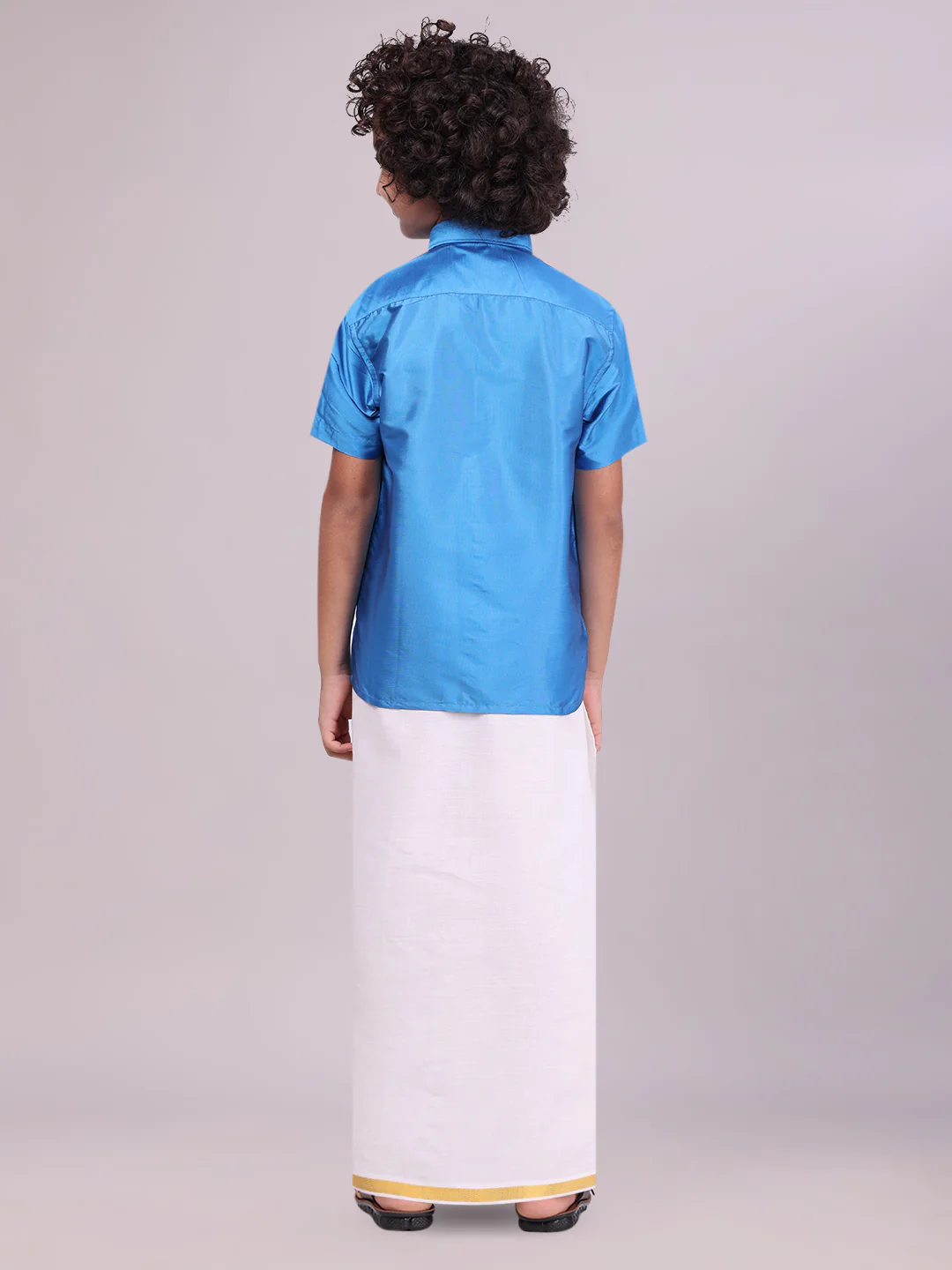 Boys Dupion Satin Sky Blue Half Sleeves Shirt with Gold Jari Flexi Dhoti Towel Combo Calm Boy - Image 4