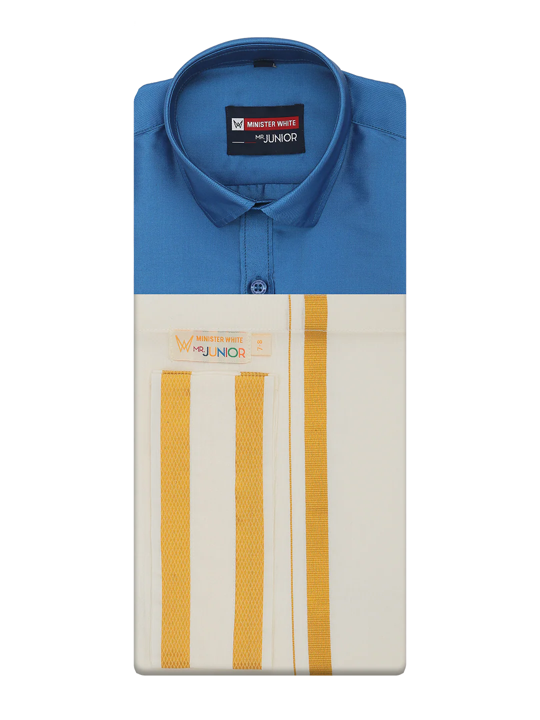 Boys Dupion Satin Sky Blue Half Sleeves Shirt with Gold Jari Flexi Dhoti Towel Combo Calm Boy - Image 5
