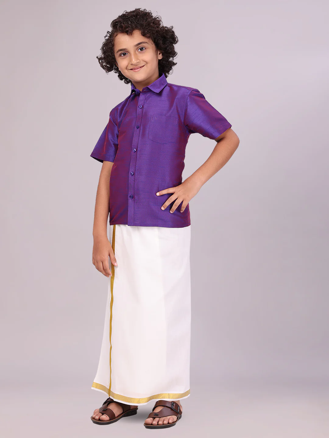 Boys Violet Color Half Sleeves Shirt with Gold Jari Flexi Dhoti Adorable Boy - Image 3