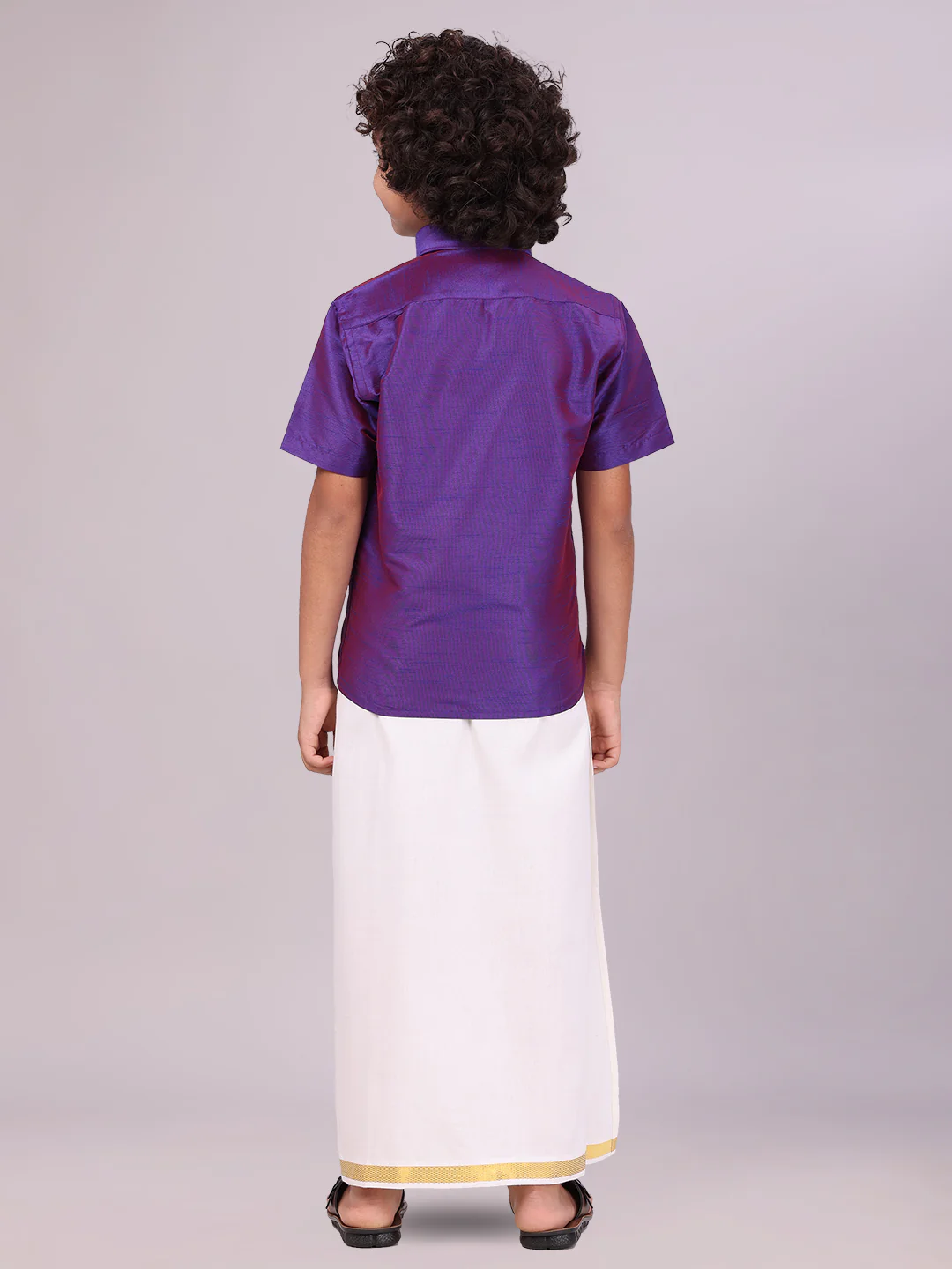 Boys Violet Color Half Sleeves Shirt with Gold Jari Flexi Dhoti Adorable Boy - Image 4