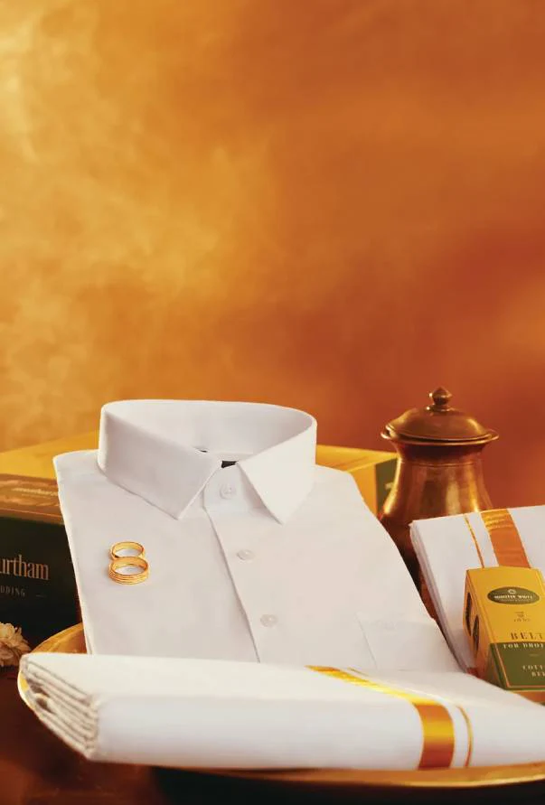 Mens Pure Cotton White Wedding Shirt Gold Jari Dhoti Towel Belt Combo - Vaibhav White - Image 3