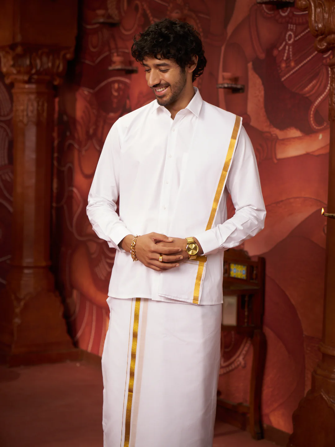 Mens Pure Cotton White Wedding Shirt Gold Jari Dhoti Towel Belt Combo - Vaibhav White - Image 4