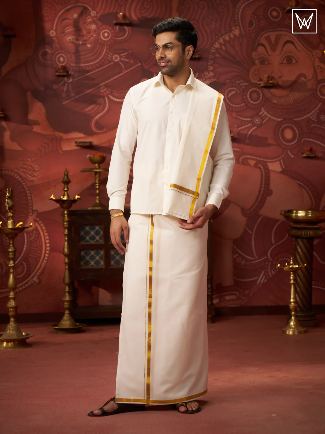 Mens Pure Cotton Cream Wedding Shirt Gold Jari Dhoti Towel Belt Combo - Vaibhav Cream - Image 3